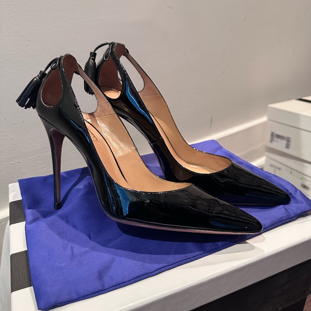 Aquazzura Forever Marilyn 105 Black Patent Leather Tassel Pumps